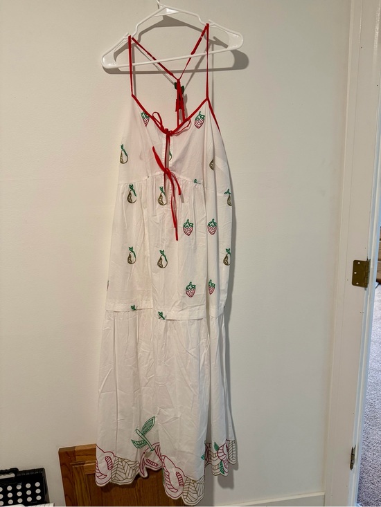 Anthropologie Dresses & Skirts - Anthropologie White Maxi Dress with Red Trim and Fruit Embroidery